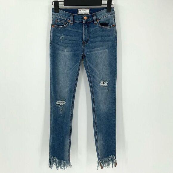 Free People Great Heights Skinny Frayed Hem Jeans Women 24 Medium Wash Stretch - Picture 4 of 8